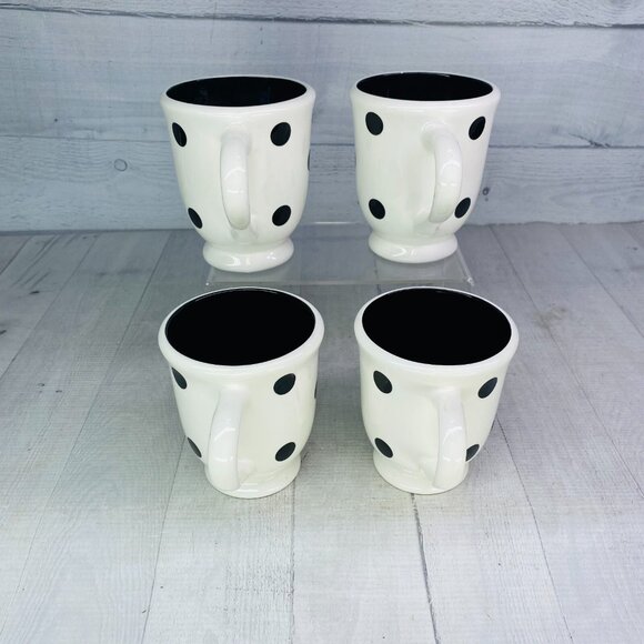 Coastline Imports White Black Polka Dots Earthenware Footed 15oz Cups Mugs Set 4 - Picture 6 of 16